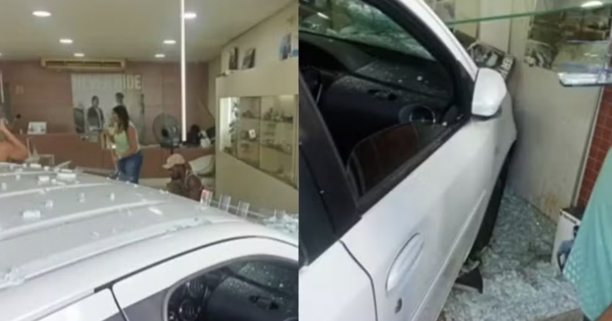Mulher perde controle de carro automático, invade ótica e atinge pedestre em Itabuna