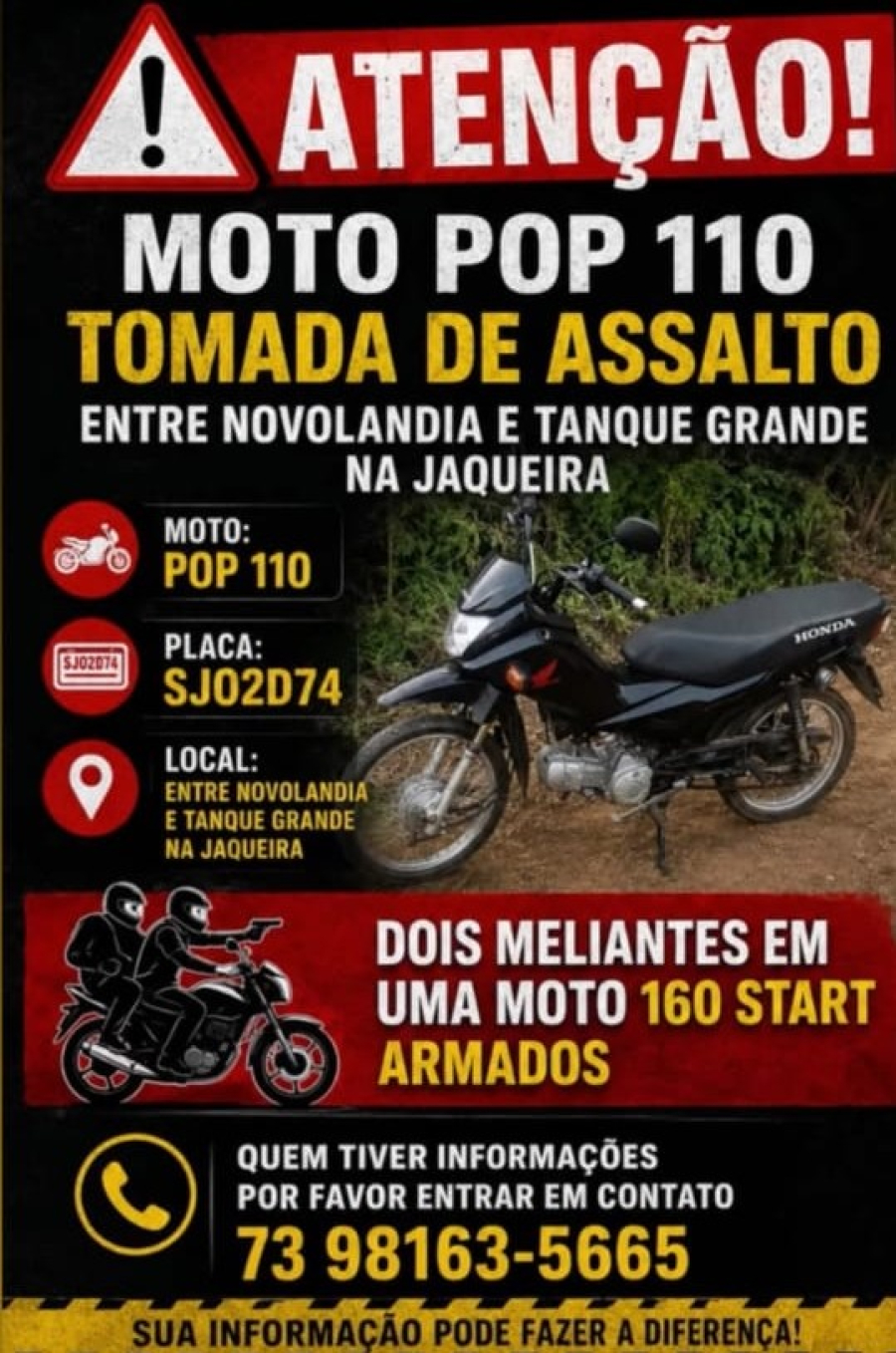 Moto é tomada de assalto entre Novolândia e Tanque Grande, na região da Jaqueira