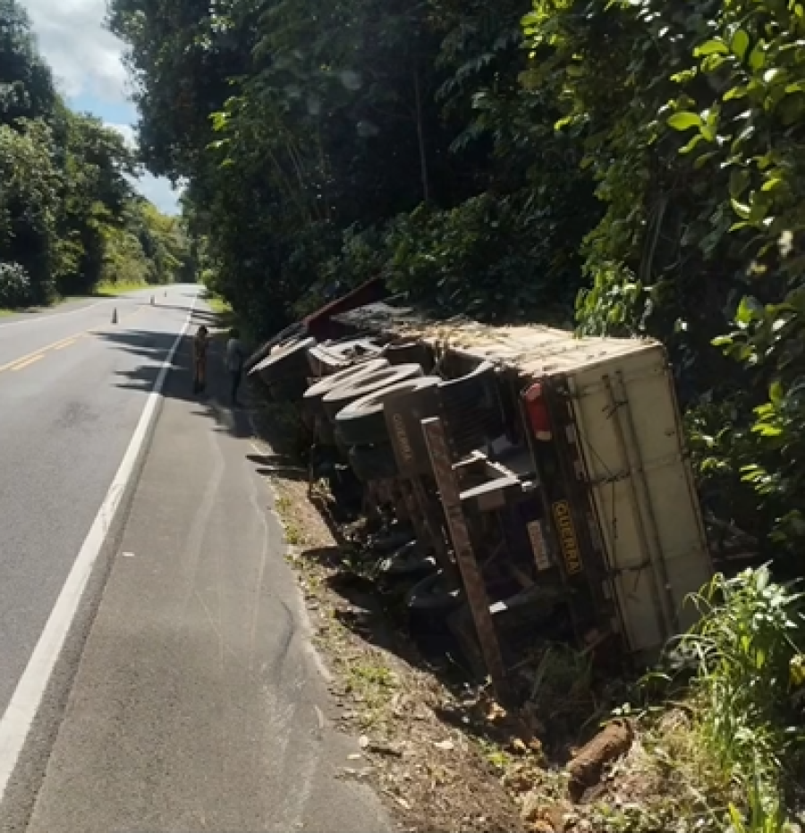 Carreta com carga de piso cerâmico tomba na BR-101 é saqueada