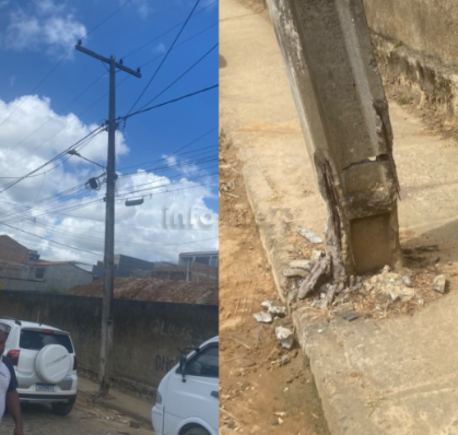 Poste com base deteriorada e ferragens expostas preocupa moradores no Eliseu Leal